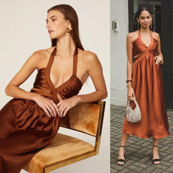 REVOLVE Dresses & Skirts - Line & Dot Revolve Emma Cutout Midi Dress Rust Satin Halter XS